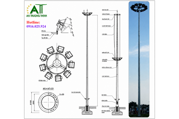 Báo giá trụ đèn chiếu sáng nâng hạ 20m, 25m mạ kẽm