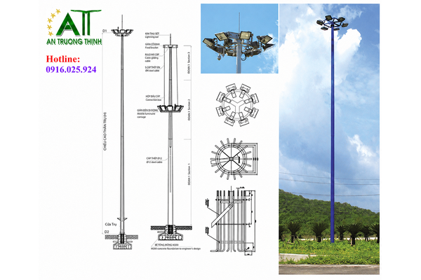 Báo giá trụ đèn chiếu sáng nâng hạ 20m, 25m mạ kẽm