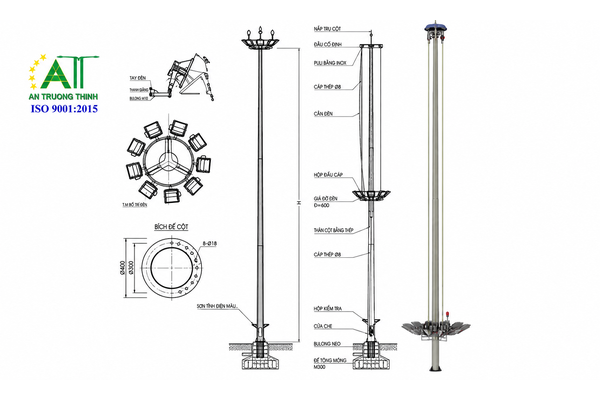 Báo giá trụ đèn chiếu sáng nâng hạ 20m, 25m mạ kẽm