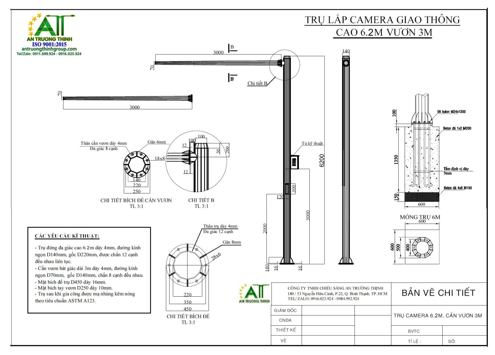 Bản Vẽ Cột Lắp Camera Cao 6m, 8m, Cần Tay Vươn 3m, 4m Mạ Kẽm