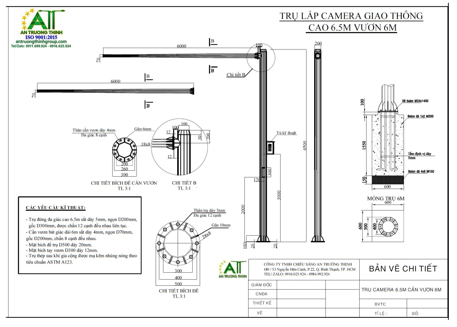 Bản Vẽ Trụ Lắp Camera Cao 6m, Cần Tay Vươn 6m, 7m, Cột Thép 8m