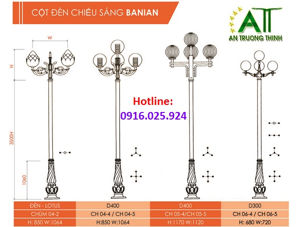 Cột Đèn Sân Vườn Đế Gang Banian Chùm CH02
