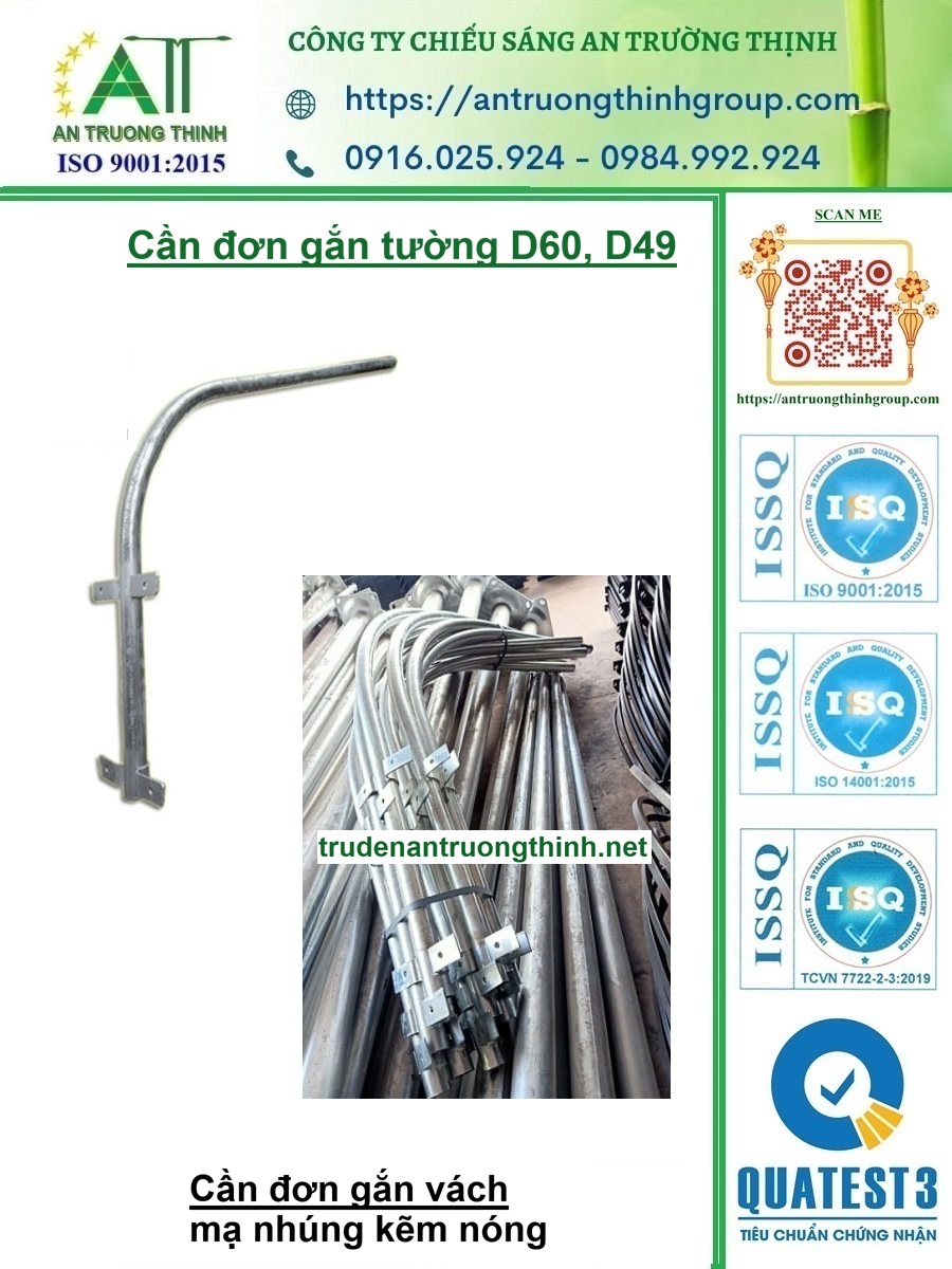 Sản Xuất Cần Đèn Đơn Gắn Tường, Bắt Vách D60 Cao 2m Mạ Nhúng Kẽm