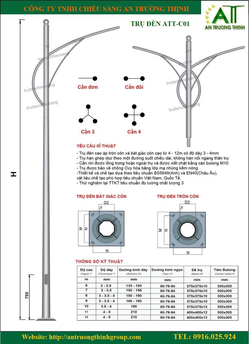 Thông Số Kỹ Thuật Cột Đèn Cao Áp 5m, 6m, 7m, 8m, 9m, 10m, 11m, 12m